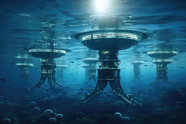 Foto futuristische elektriciteitscentrale van de toekomst in de oceaanwaterenergie