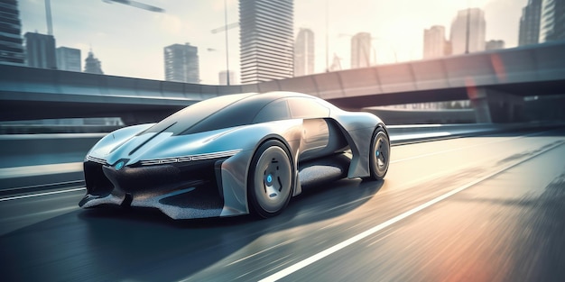 Futuristische elektrische auto super auto rijden op snelweg stad weg met bewegingsonscherpte