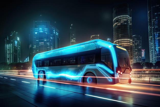 Futuristische elektrische bus die langs een futuristisch stadsbeeld raast tegen de nachtelijke hemel