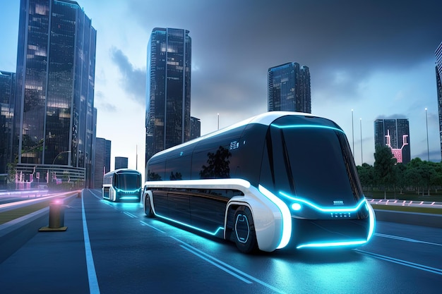 Futuristische elektrische bus die langs stadsgezicht rijdt met futuristische wolkenkrabbers op de achtergrond