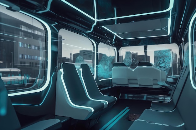 Futuristische elektrische bus in beweging met uitzicht op futuristische stad zichtbaar door de ramen