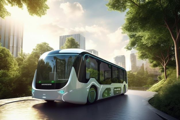 Futuristische elektrische bus omgeven door groen met uitzicht op futuristische stad op de achtergrond