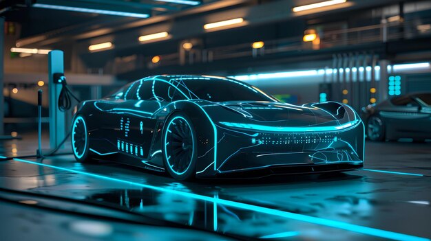 Futuristische elektrische sportwagen laadt op een dockingstation blauwe neonlichten weerspiegelen een slank voertuigontwerp ideaal voor moderne automotive concepten hightech transport scène AI