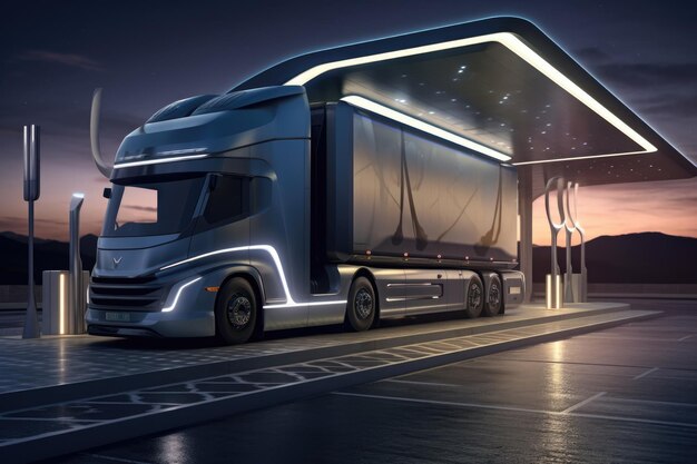 Futuristische elektrische vrachtwagen opladen bij een zonne-aangedreven station gecreëerd met generatieve AI