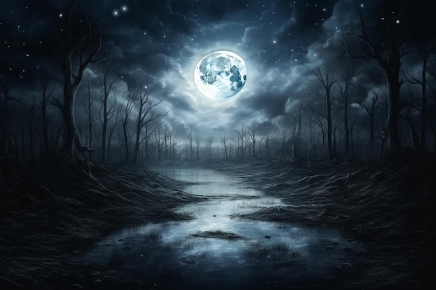 Futuristische fantasy nachtlandschap met abstract landschap maanlicht schitteren donkere natuurlijke scène