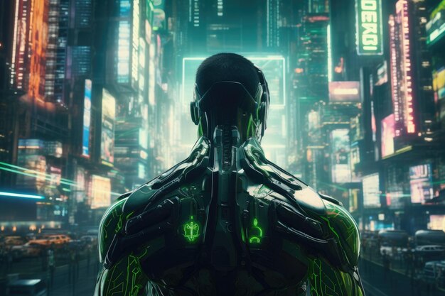 Futuristische Fervor Cybernetische Sentinel in Urban Eden