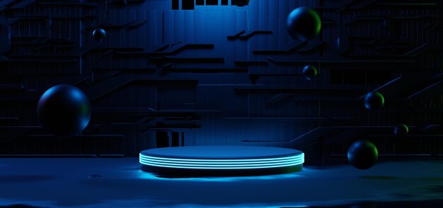 Foto futuristische gaming esports achtergrond abstract behang cyberpunk stijl scifi spel podium concert scène in voetstuk display kamer led neon gloed licht 3d illustratie weergave