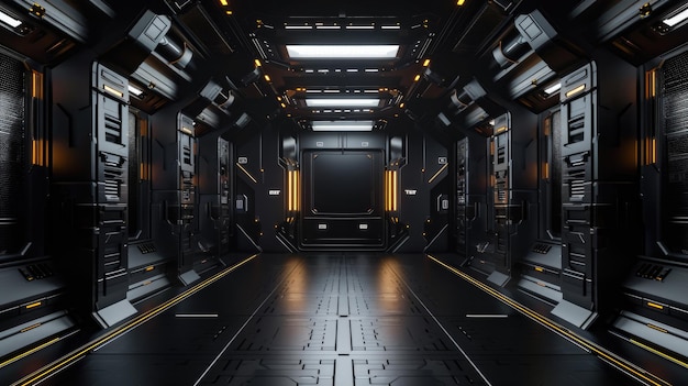 Futuristische gang in ruimteschip abstracte donkere kamer achtergrond zwarte garage in ruimteskip thema van modern industrieel interieur toekomstige ruimte skifi