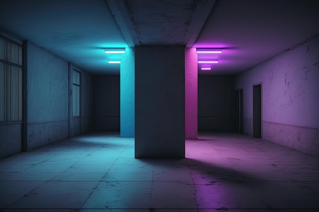 Futuristische gang neonkamer Ruimte betonnen hal paarse neonlichten