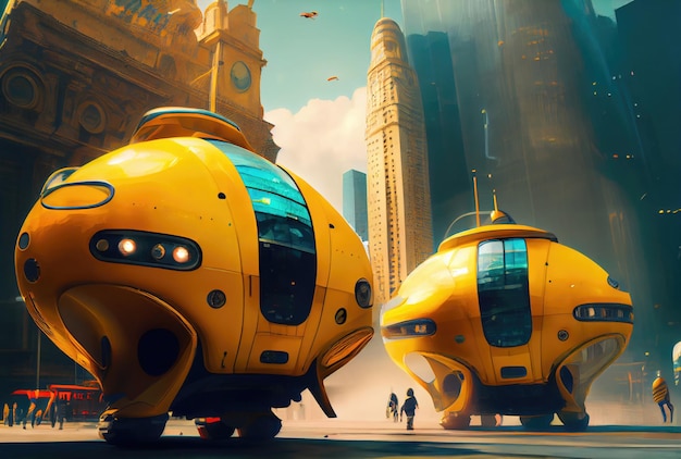 Futuristische gele taxi tussen grote steden en wolkenkrabbers Transport- en innovatietechnologieconcept Generatieve AI