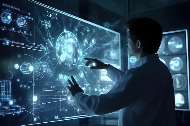 Futuristische geneeskunde Digitale virtuele computerinterface Virtueel holografisch Innovatief in wetenschap en geneeskundeconcept Geneeskundetechnologieën Geneeskunde op afstand Modern Laboratorium Generatieve AI