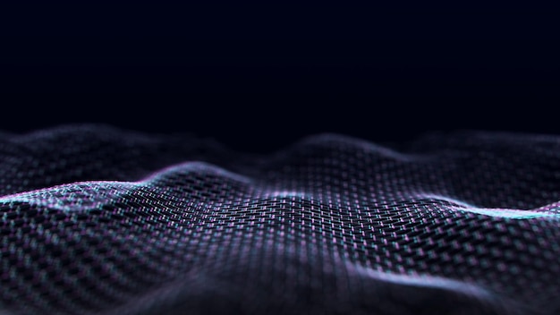 Futuristische glitch zeshoek Golf Donkere cyberspace Abstracte golf met stippen en lijn Witte bewegende deeltjes op een zwarte achtergrond 3D-rendering