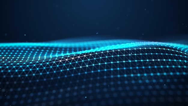 Foto futuristische gloeiende golf het concept van big data netwerkverbinding cybernetica abstracte donkere achtergrond van blauwe lijnen met stippen 3d-rendering
