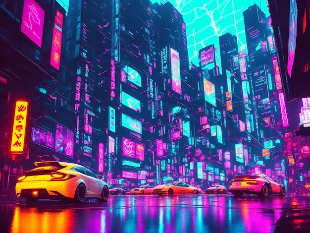 Futuristische gloeiende neon cyberpunk stadsstraat perspectief weergave achtergrond illustratie gemaakt met generatieve AI-technologie