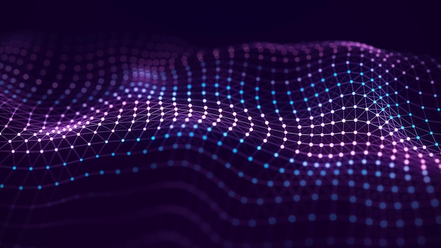 Futuristische golf Het concept van big data Netwerkverbinding Cybernetica Abstracte donkere achtergrond van blauwe en paarse lijnen met stippen 3D-rendering