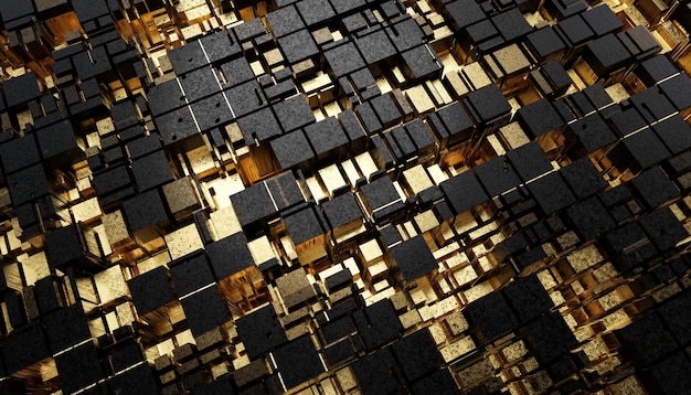 Futuristische goud en zwarte vierkanten geëxtrudeerde abstracte achtergrond 3D-rendering