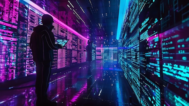 Foto futuristische hacker in een donkere kamer met roze en blauwe neonlichten