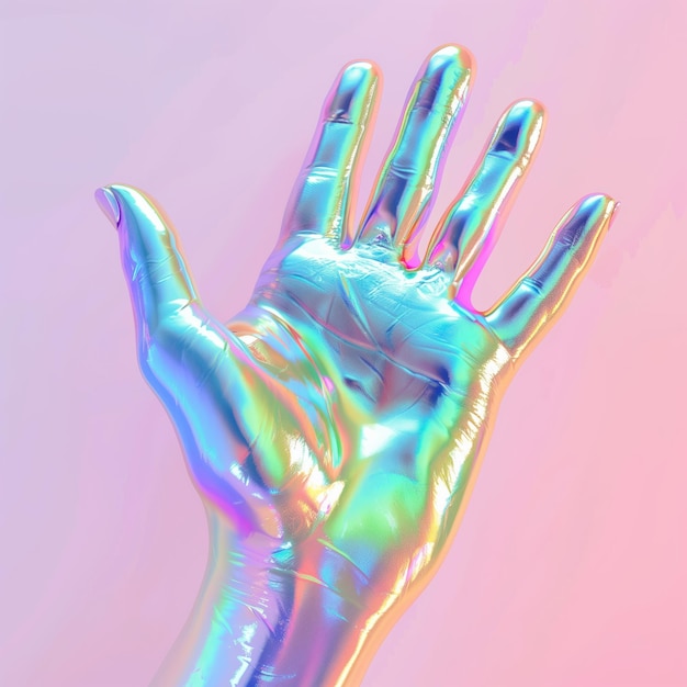 Foto futuristische holografische hand abstract grafisch ontwerpconcept chrome hand in stijl holograafische vloeistof glansende pastel iriserend op roze achtergrond