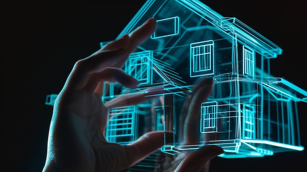Foto futuristische holografische huisprojectie in menselijke hand