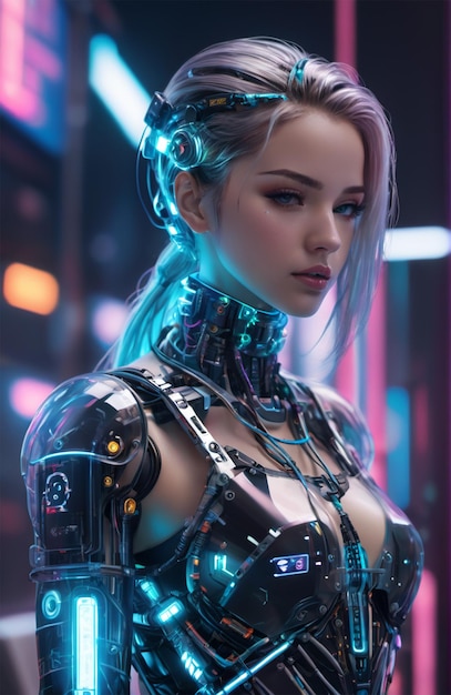 Foto futuristische humanoïde die een bionisch harnas draagt met neon gloeiende cyberpunk stijl