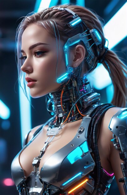 Foto futuristische humanoïde die een bionisch harnas draagt met neon gloeiende cyberpunk stijl