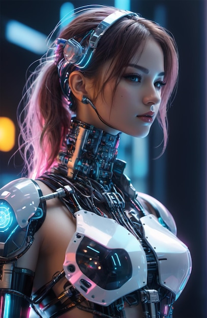 Futuristische humanoïde die een bionisch harnas draagt met neon gloeiende cyberpunk stijl