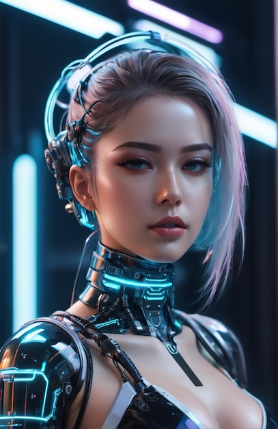 Foto futuristische humanoïde die een bionisch harnas draagt met neon gloeiende cyberpunk stijl