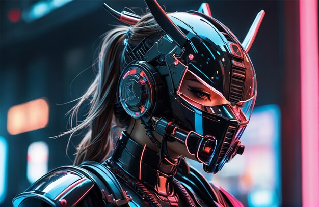 Foto futuristische humanoïde die een bionisch harnas draagt met neon gloeiende cyberpunk stijl