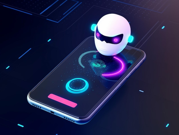 Futuristische humanoïde robot in scherm van smartphone Concept van chatbot met kunstmatige intelligentie