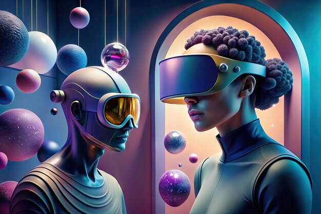 Foto futuristische illustratie van een persoon met een virtual reality bril en elementen op de achtergrond