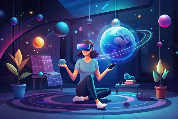 Foto futuristische illustratie van een persoon met een virtual reality bril en elementen op de achtergrond