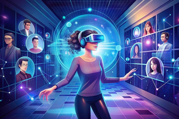 Foto futuristische illustratie van een persoon met een virtual reality bril en elementen op de achtergrond