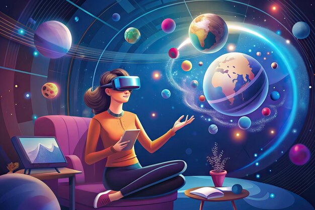 Foto futuristische illustratie van een persoon met een virtual reality bril en elementen op de achtergrond