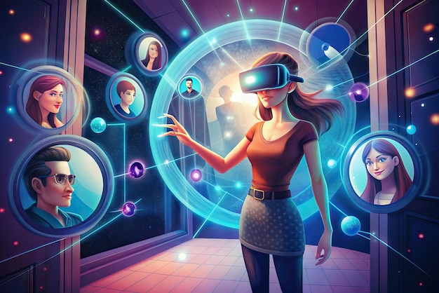 Foto futuristische illustratie van een persoon met een virtual reality bril en elementen op de achtergrond