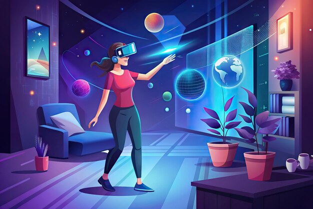 Foto futuristische illustratie van een persoon met een virtual reality bril en elementen op de achtergrond