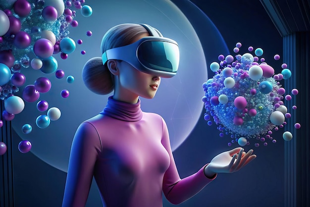 Futuristische illustratie van een persoon met een virtual reality bril en elementen op de achtergrond