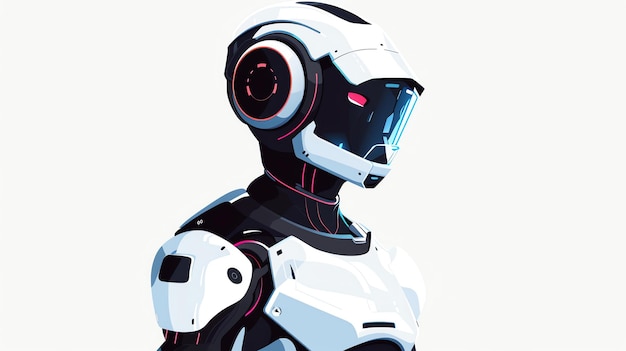 Futuristische illustratie van een robot bovenlichaam De robot heeft een wit en grijs lichaam met roze en blauwe hoogtepunten
