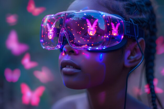 Foto futuristische immersieve virtual reality-ervaring met neon butterflies digitale kunst voor posters tech blogs en stock photography