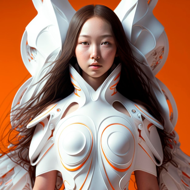 Futuristische Japanse schoonheid in oranje en witte golvende cyberkleding