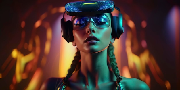 Futuristische jonge vrouw die een VR-headset draagt tegen een neonachtergrond Generatieve AI