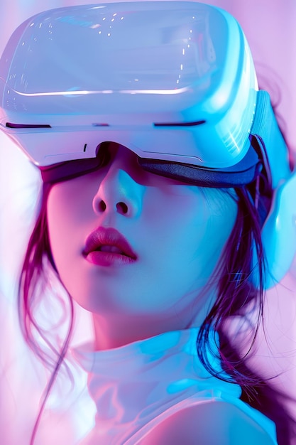 Futuristische jonge vrouw met een VR-headset ondergedompeld in virtuele realiteit met neonlichten