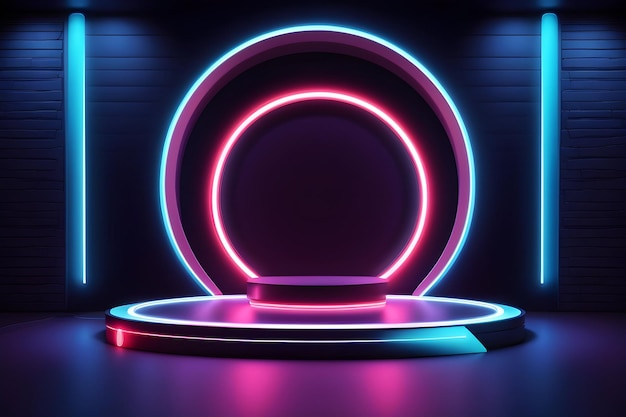 Futuristische kamer met cirkelneonpodium en een ronde neonlamp 3D-ruimte met leeg podium