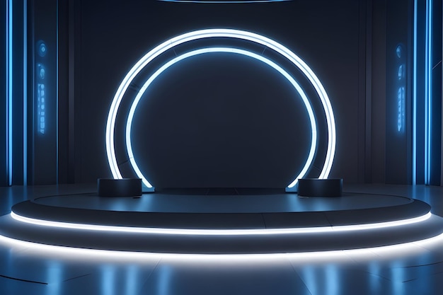 Futuristische kamer met cirkelneonpodium en een ronde neonlamp 3D-ruimte met leeg podium