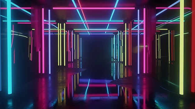 Futuristische kamer met neonlaserlijnen achtergrondillustratie in cyberpunkstijl