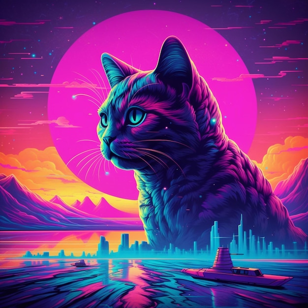 futuristische kat in vaporwave-stijl