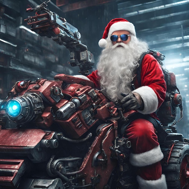 Foto futuristische kerstman riding mecha bike_ai_generated