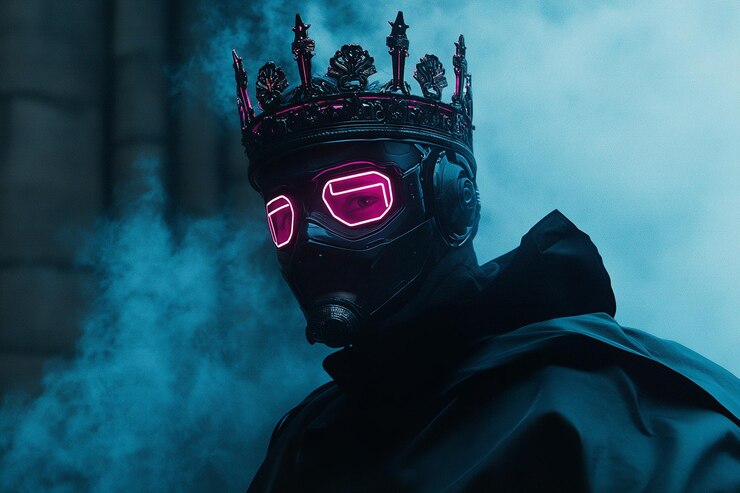 Foto futuristische koning mechanische masker met neon details uitgebreide zwarte kroon