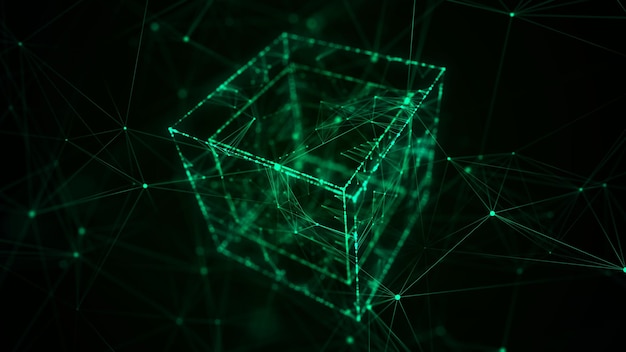 Futuristische kubus met verbonden deeltjes in cyberspace Technology blockchain-concept