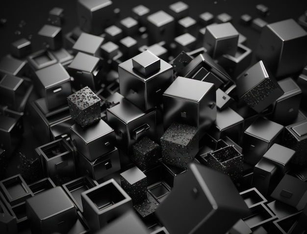 Futuristische kubussen donkere zwarte achtergrond Abstract geometrisch mozaïekraster Vierkant tegelspatroon Generatieve AI-technologie