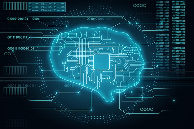 Futuristische kunstmatige intelligentie en informatieanalyse concept met AI-chipset omringd door circuit in digitale grafische hersenen op abstracte donkere technologische achtergrond 3D-rendering